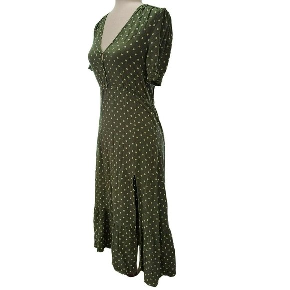 Zara Olive Green And Cream Polka Dot Short Puff Sleeve Midi Dress Size XS - Picture 4 of 15
